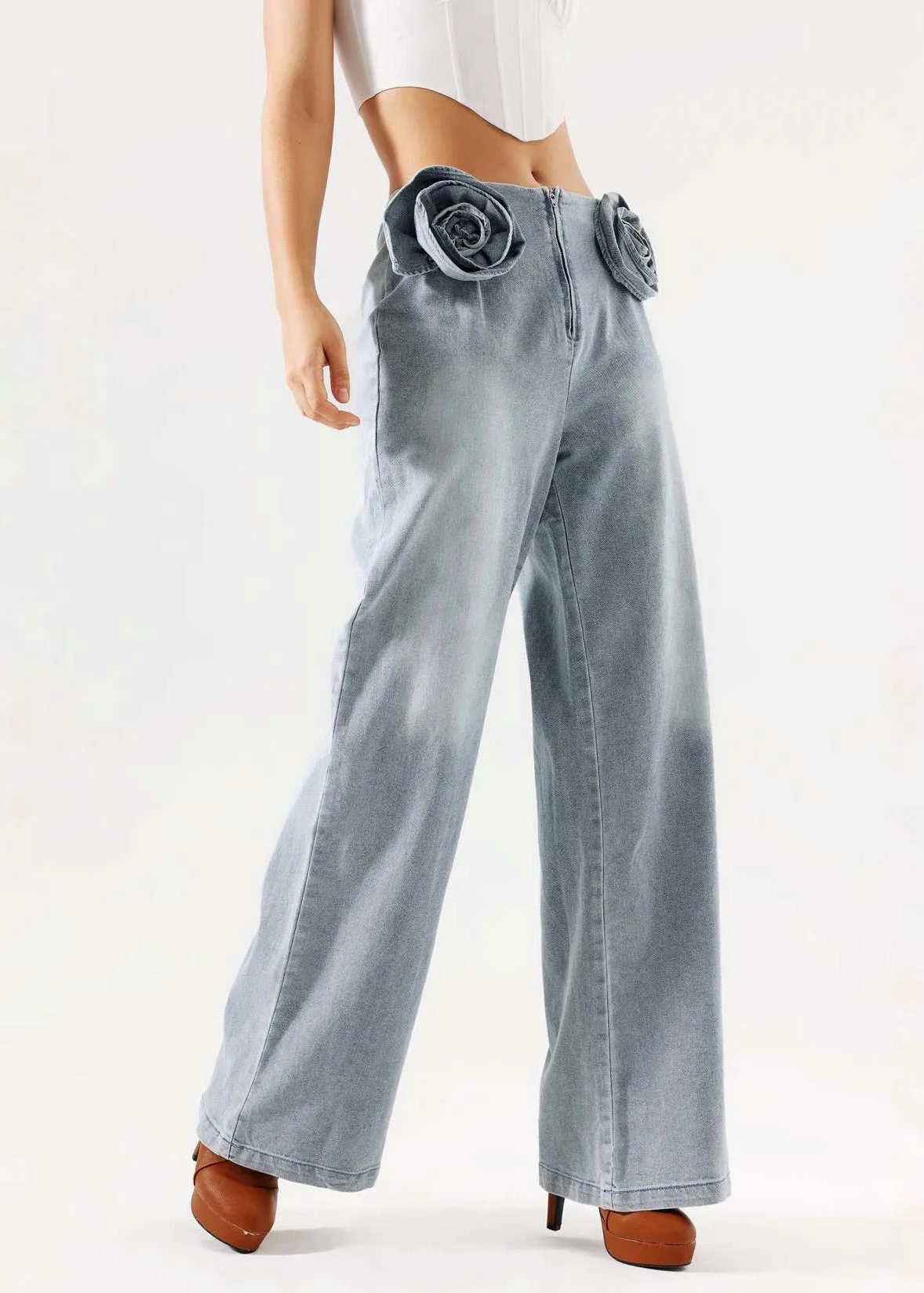 3D Flower Decor Wide-Leg Straight Denim Pants