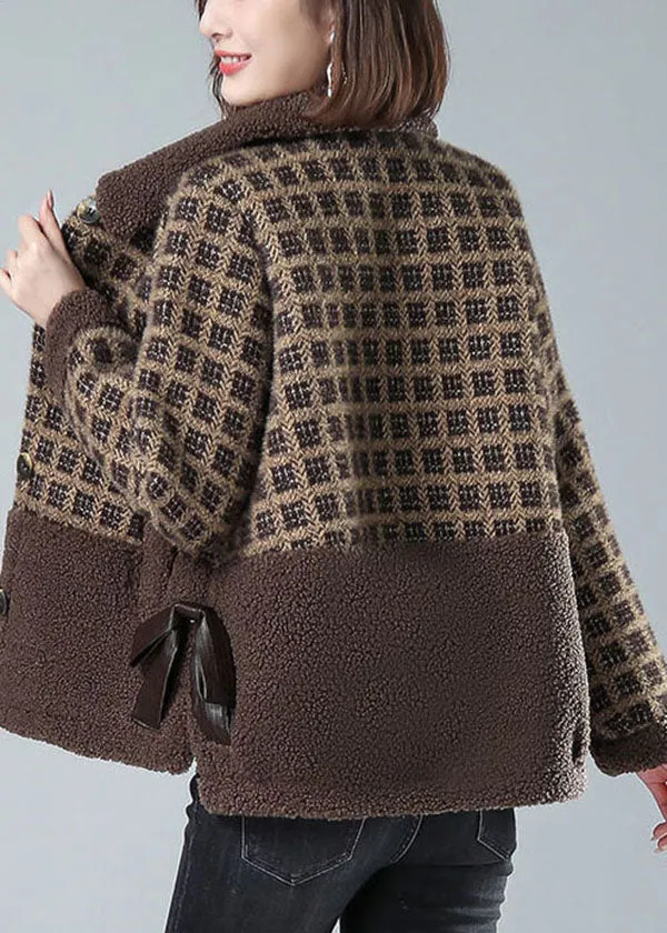 Beautiful Khaki Peter Pan Collar Pockets Plaid Faux Fur Coats Winter