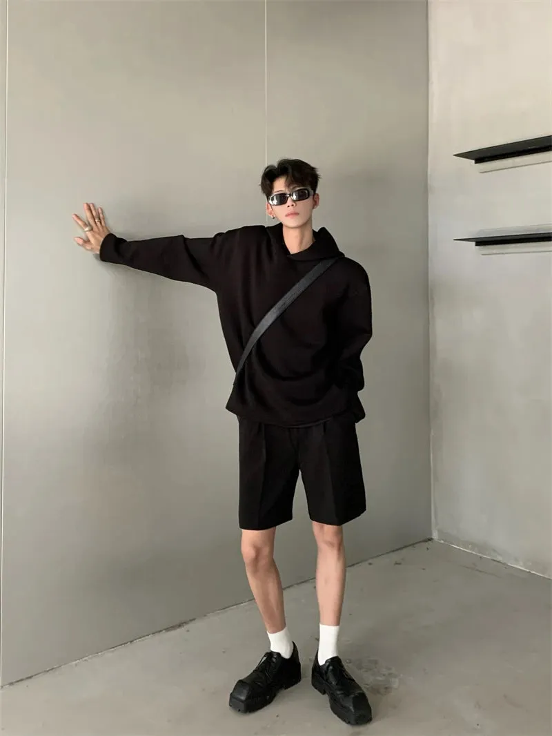 BONSIR  -  Men Solid Color Sets Casual Fashion 2 Piece Sets Space Cotton Stand Collar Button Loose Hoodies And Pants Korea Streetwear Style