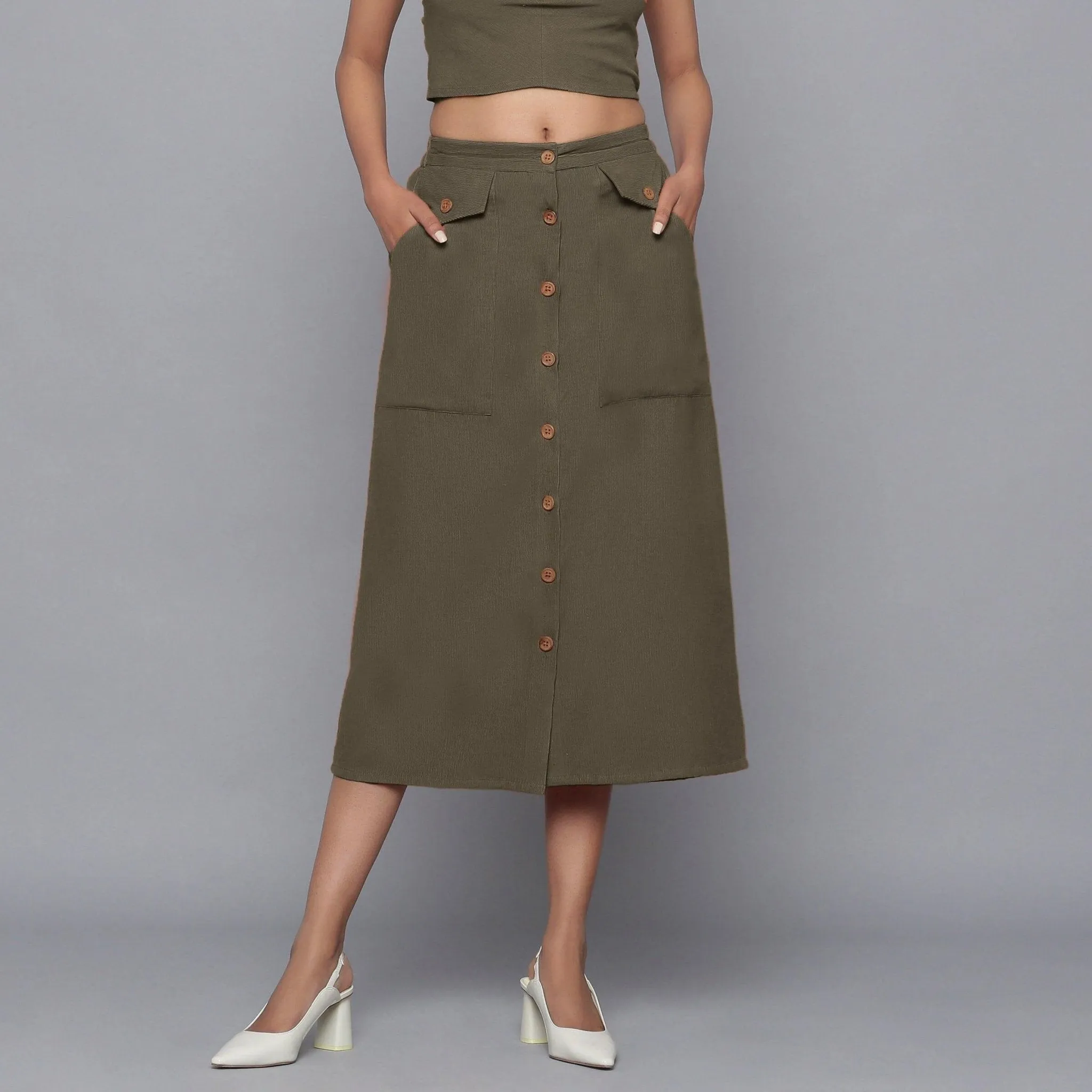 Bronze Grey Warm Cotton Corduroy Button-Down Midi Skirt