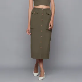 Bronze Grey Warm Cotton Corduroy Button-Down Midi Skirt