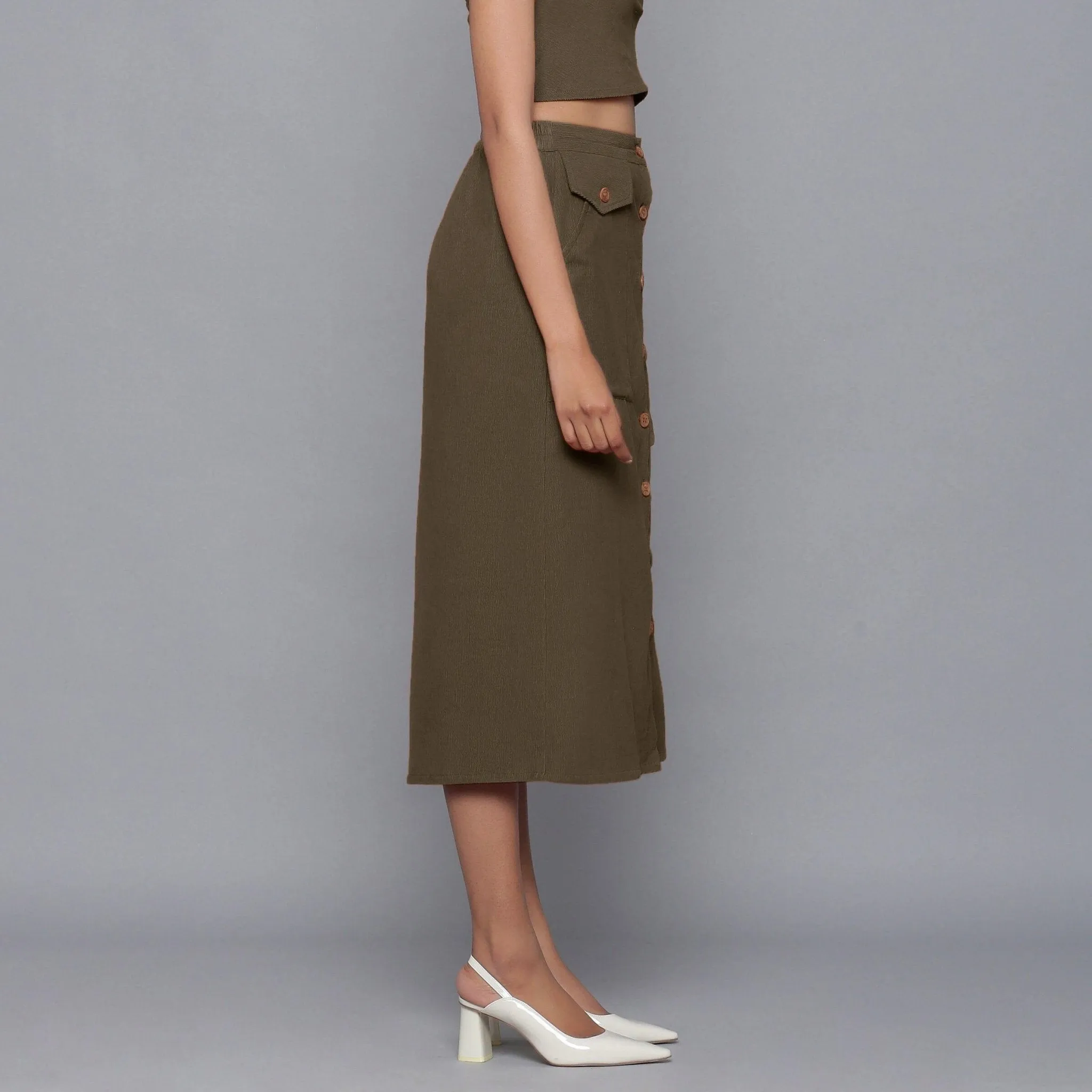 Bronze Grey Warm Cotton Corduroy Button-Down Midi Skirt