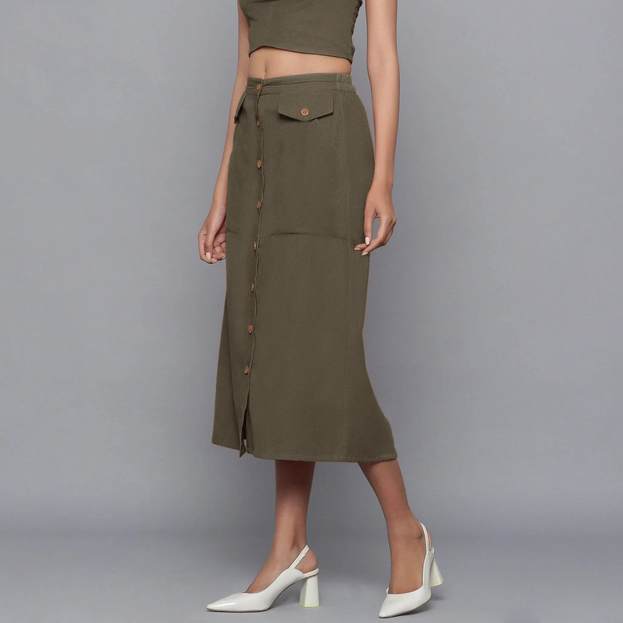 Bronze Grey Warm Cotton Corduroy Button-Down Midi Skirt