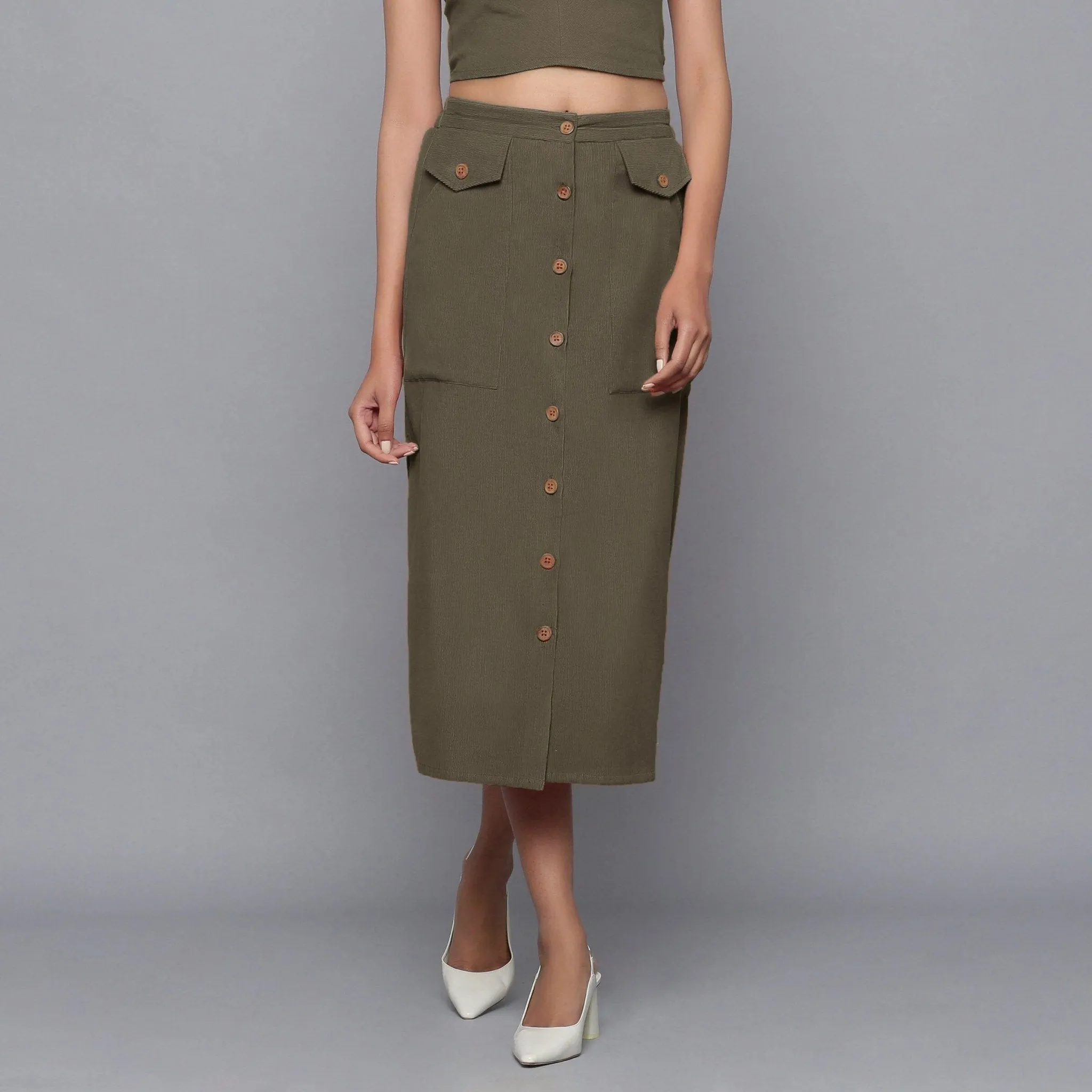 Bronze Grey Warm Cotton Corduroy Button-Down Midi Skirt