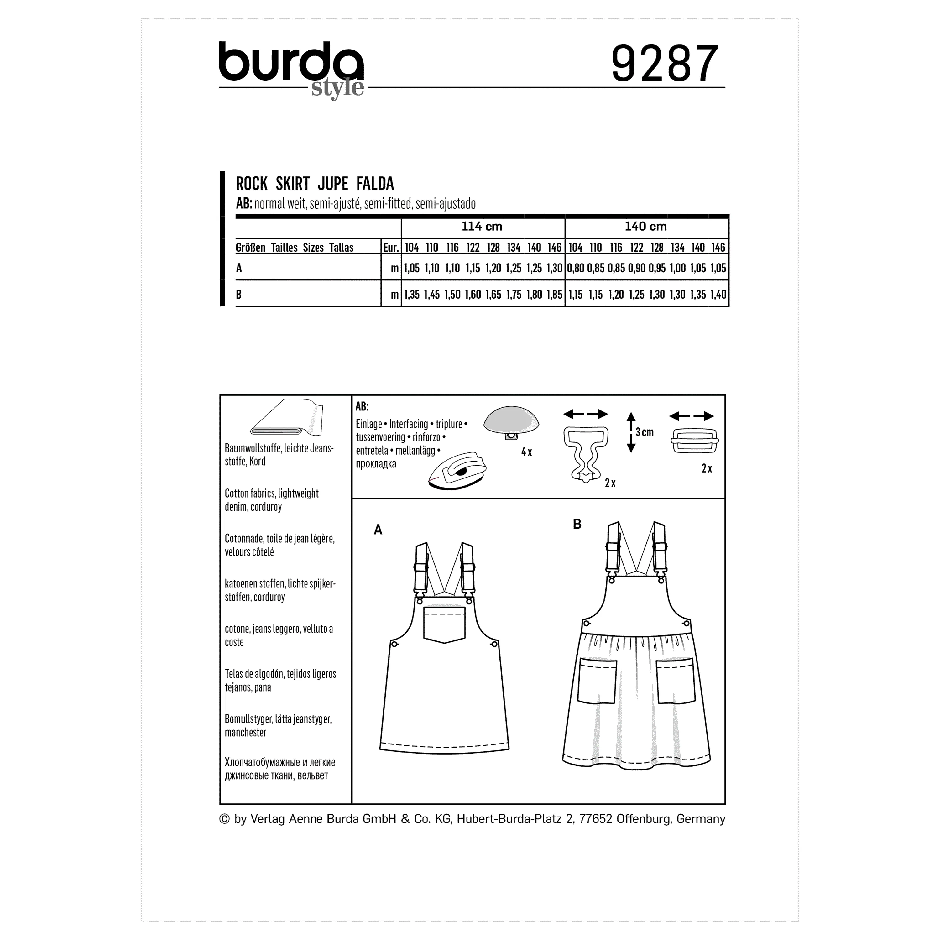 Burda Sewing Pattern 9287 Children's Bibbed skirt – Pinafore