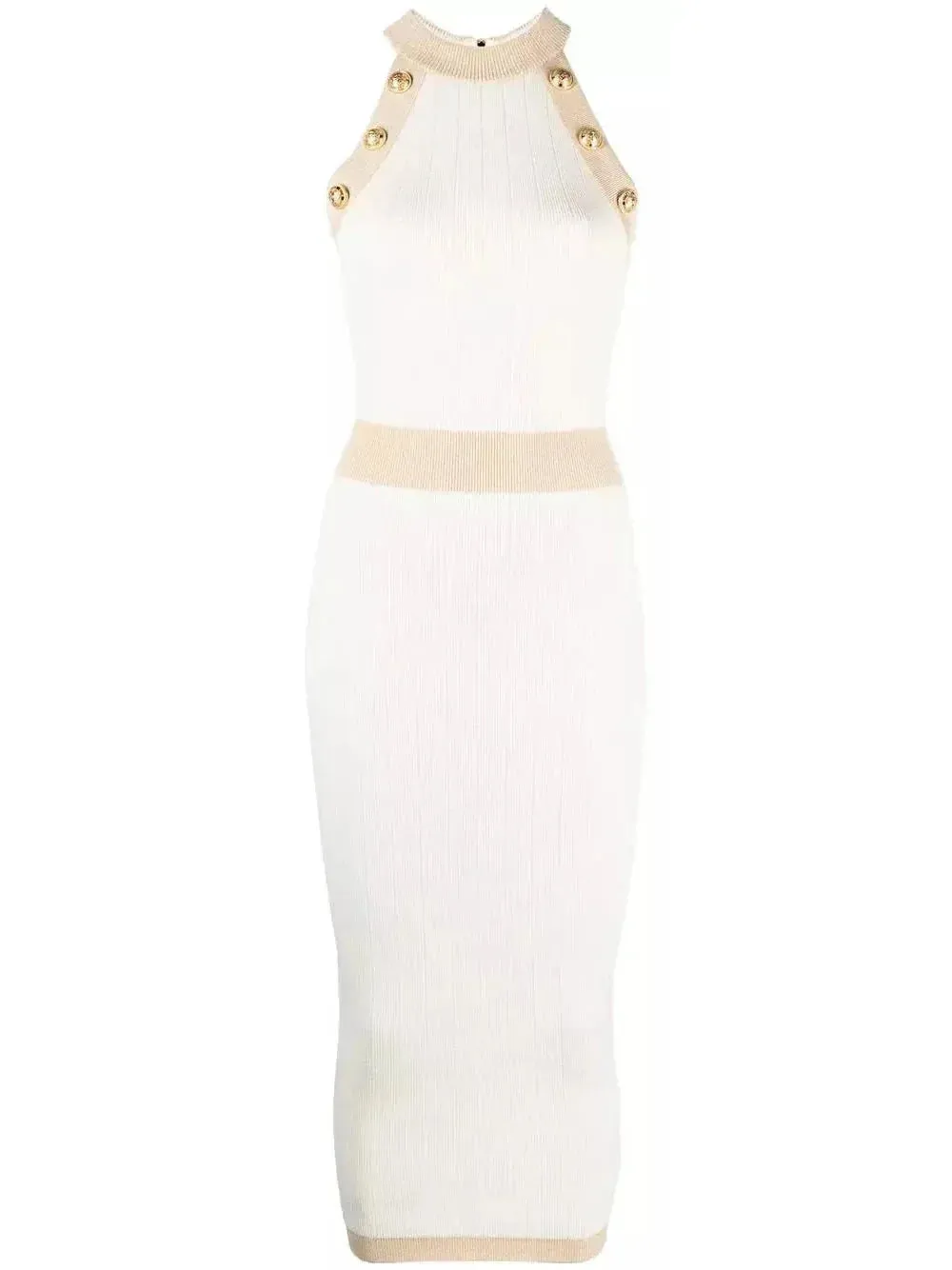 Button-Detailed Halter-Neck Knitted Midi Dress, White