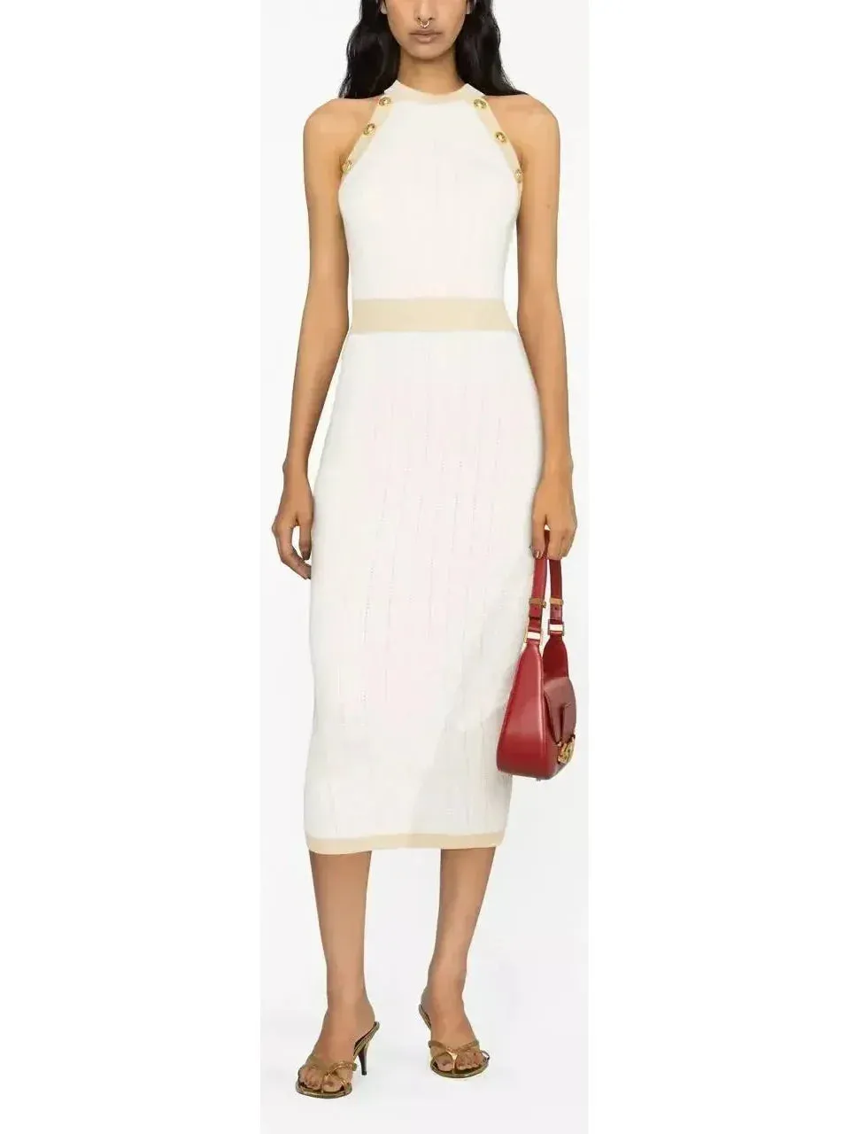 Button-Detailed Halter-Neck Knitted Midi Dress, White