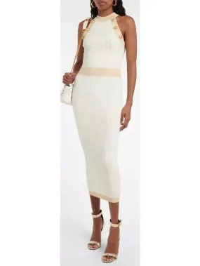 Button-Detailed Halter-Neck Knitted Midi Dress, White