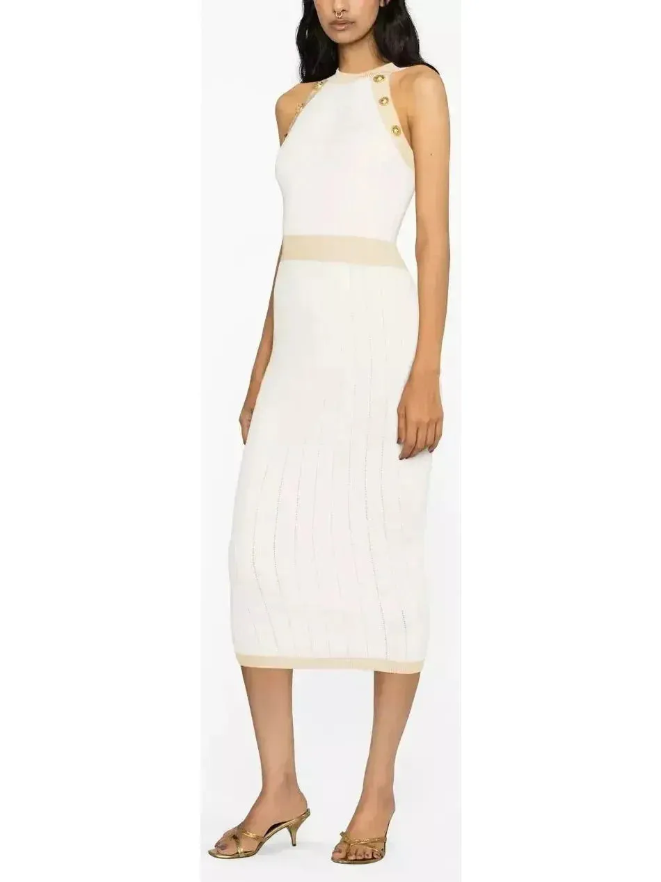 Button-Detailed Halter-Neck Knitted Midi Dress, White