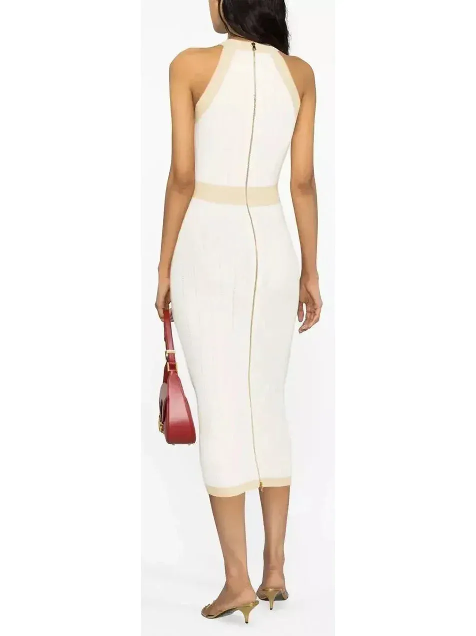 Button-Detailed Halter-Neck Knitted Midi Dress, White