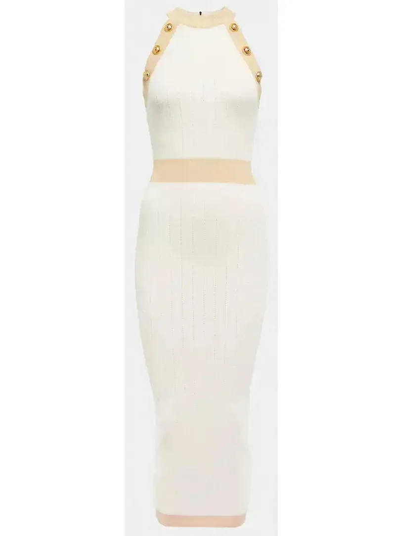 Button-Detailed Halter-Neck Knitted Midi Dress, White