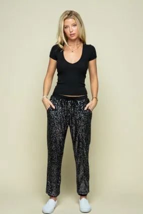 Charcoal Black Sequin Jogger Pants