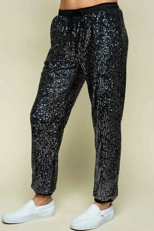 Charcoal Black Sequin Jogger Pants