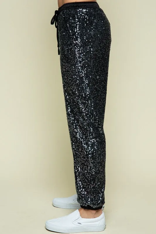 Charcoal Black Sequin Jogger Pants