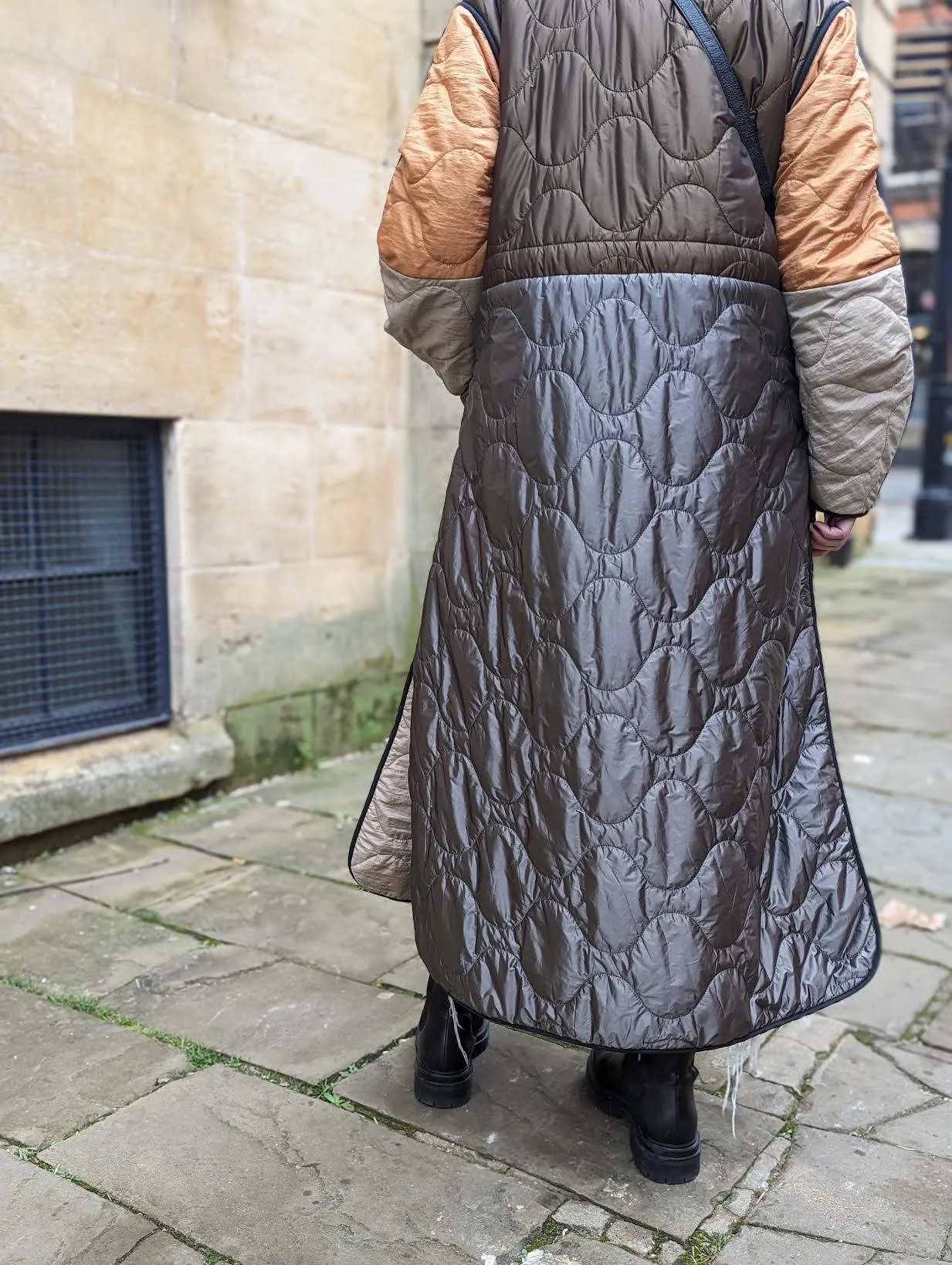 Dark Olive & Bronze Stone Reversible Long Patchwork Quilted Jacket