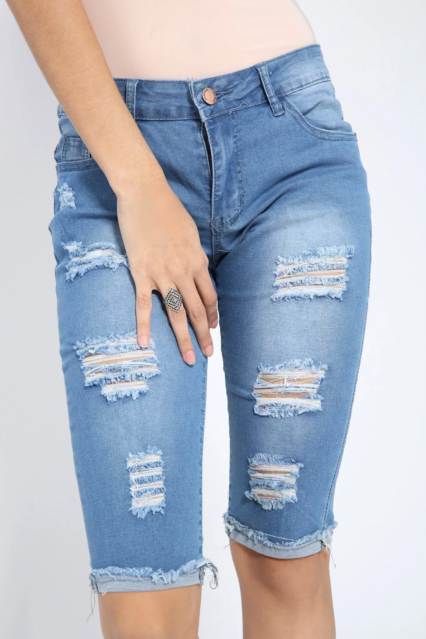 Denim Blue 3/4 Length Distressed Jean