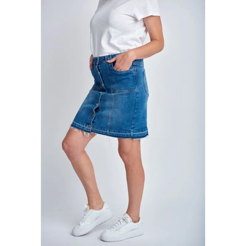 Denim Knee Length Button Up Skirt | Medium Blue C1544-S24