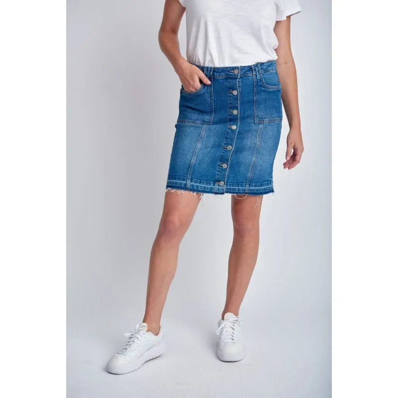 Denim Knee Length Button Up Skirt | Medium Blue C1544-S24