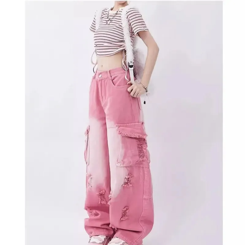 Distressed Pink Cargo Jeans