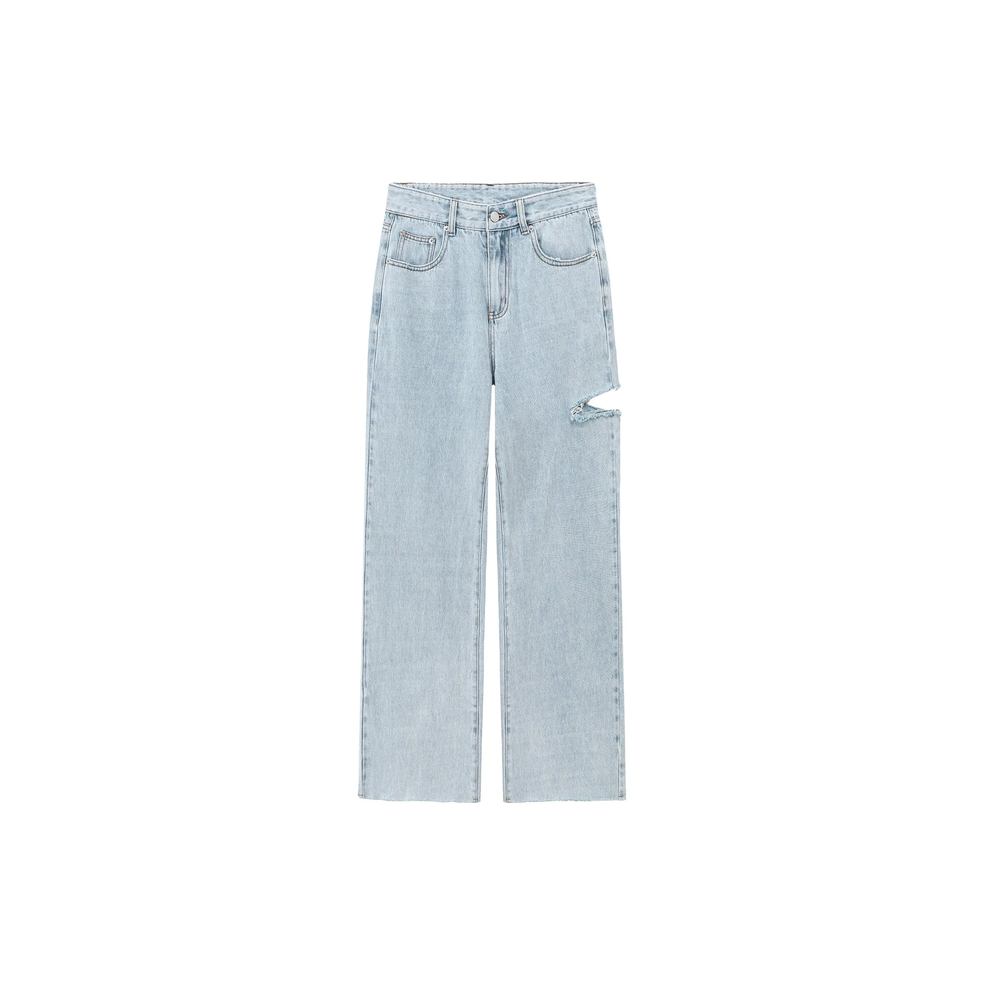 Distressed Straight Denim Light Wash Jeans