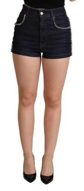 Dolce & Gabbana Dark Blue Cotton Stretch Crystal Denim Shorts