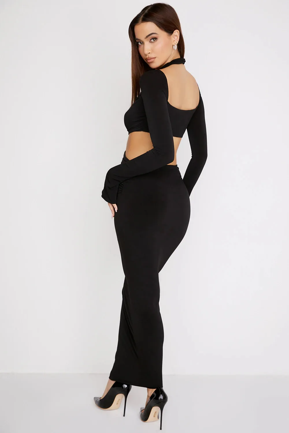 Elegant Long Sleeve Jersey Cutout Maxi Dress