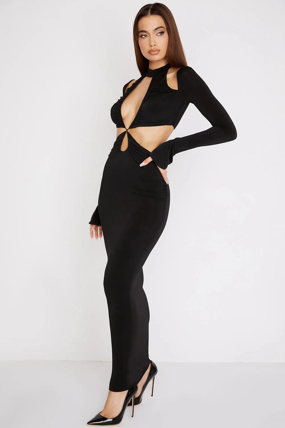 Elegant Long Sleeve Jersey Cutout Maxi Dress