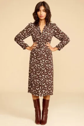 Floral Print Long Sleeve Button Up French Shirt Midi Dress - Coffee