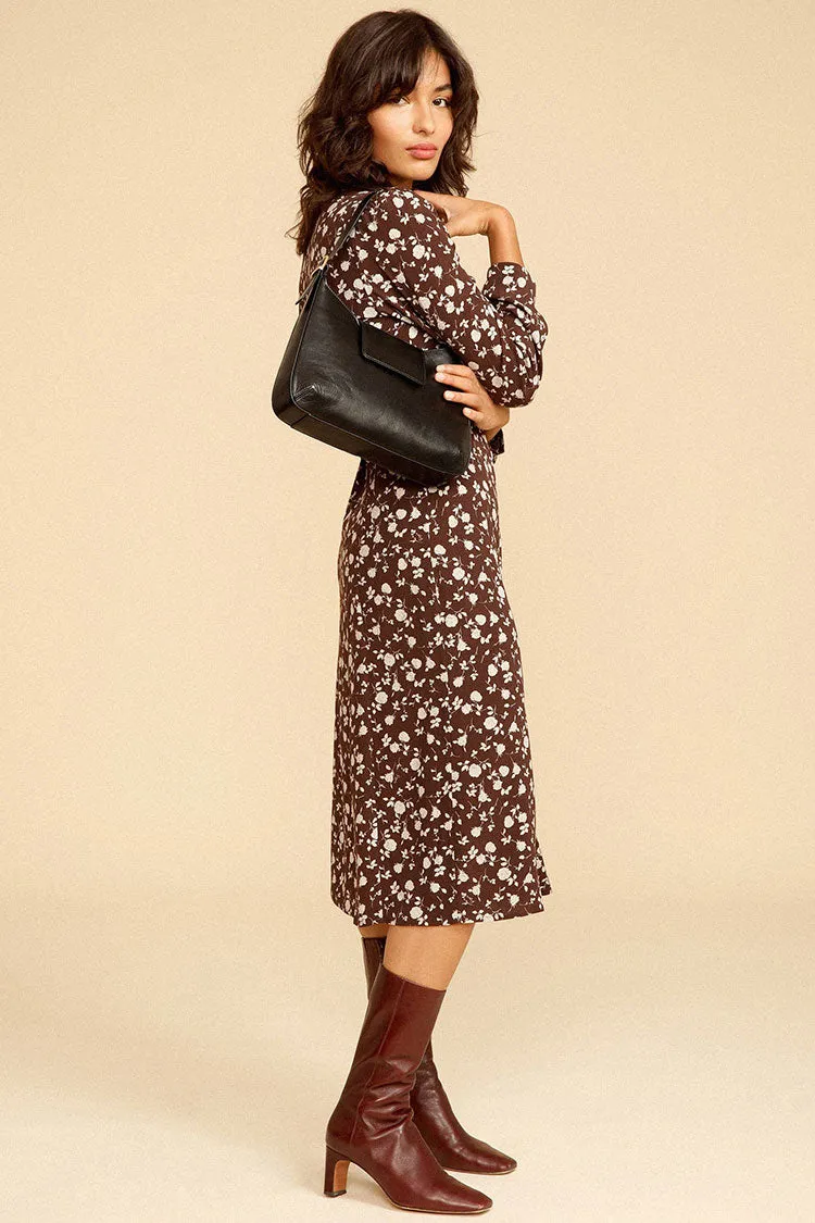 Floral Print Long Sleeve Button Up French Shirt Midi Dress - Coffee