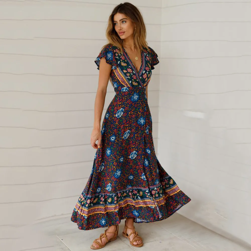 Floral V Neck Wholesale Bohemian Dresses Tie Waist Maxi Wrap Dresses Summer