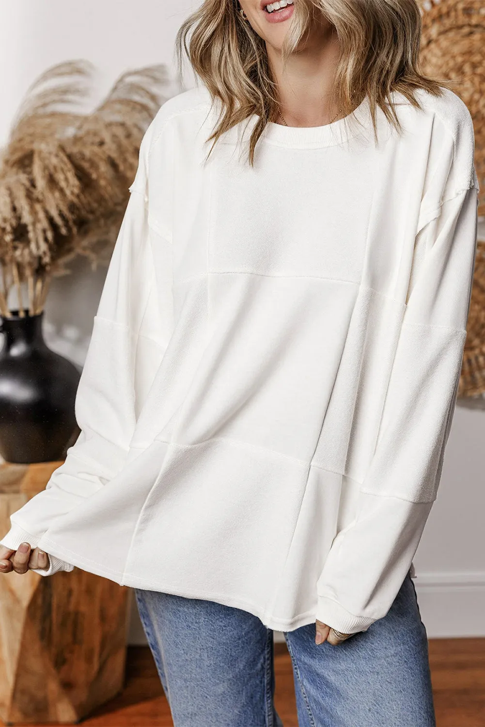 French Beige Solid Color Patchwork Drop Shoulder Baggy Sweatshirt