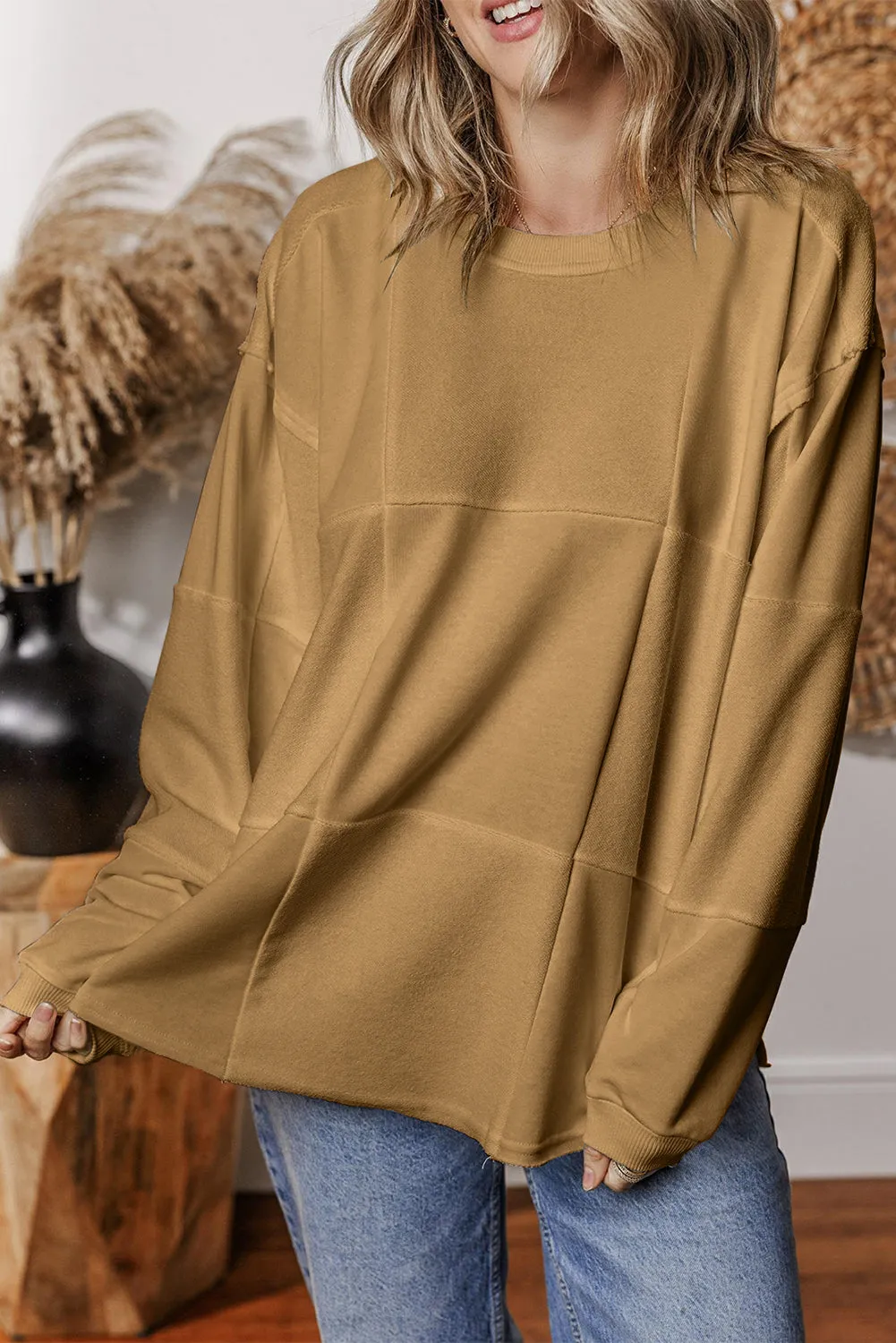 French Beige Solid Color Patchwork Drop Shoulder Baggy Sweatshirt