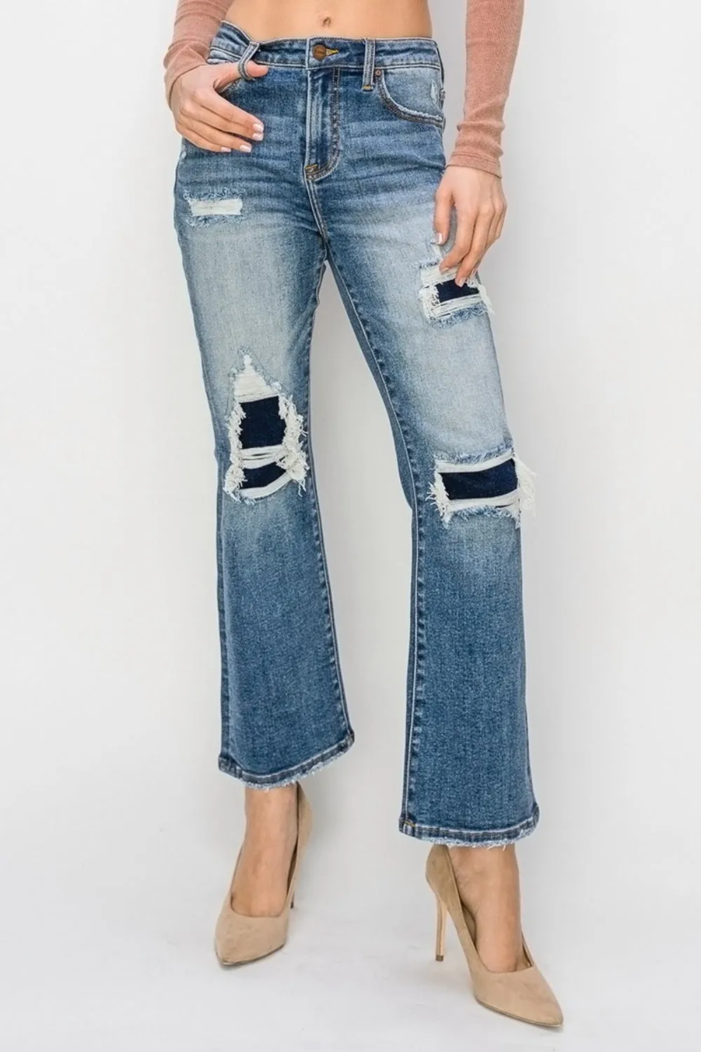 Full Size High Rise Distressed Ankle Flare Jeans