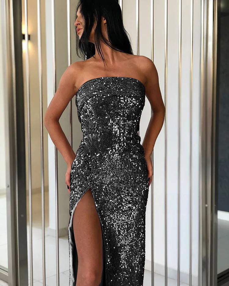 Glitter Detailed Draped Strapless Slit Bodycon Maxi Dress