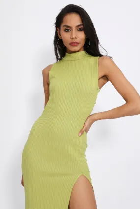 Green Ribbed High Neck Midi Dress