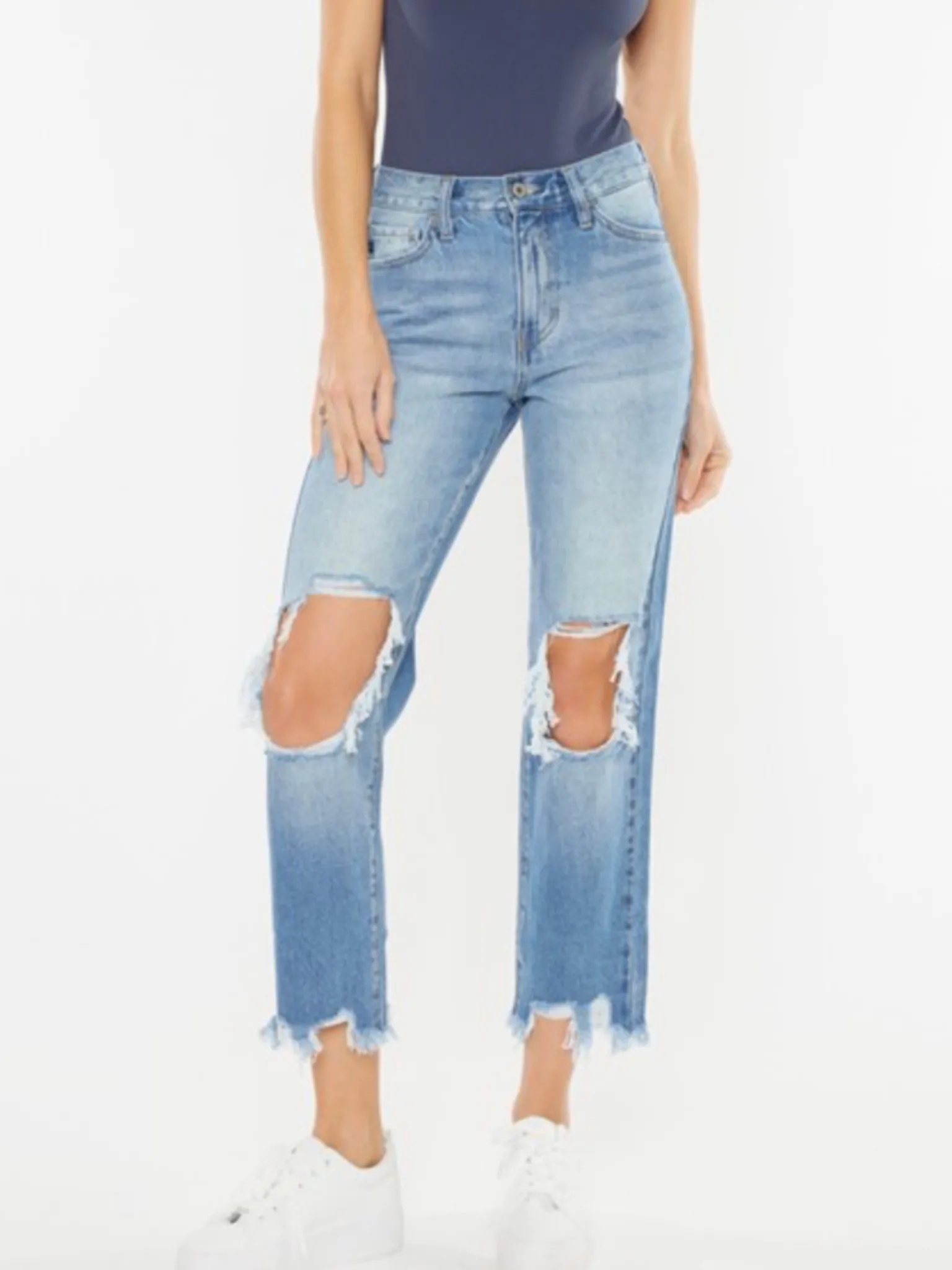 High Rise Distressed Mom Jean - Medium