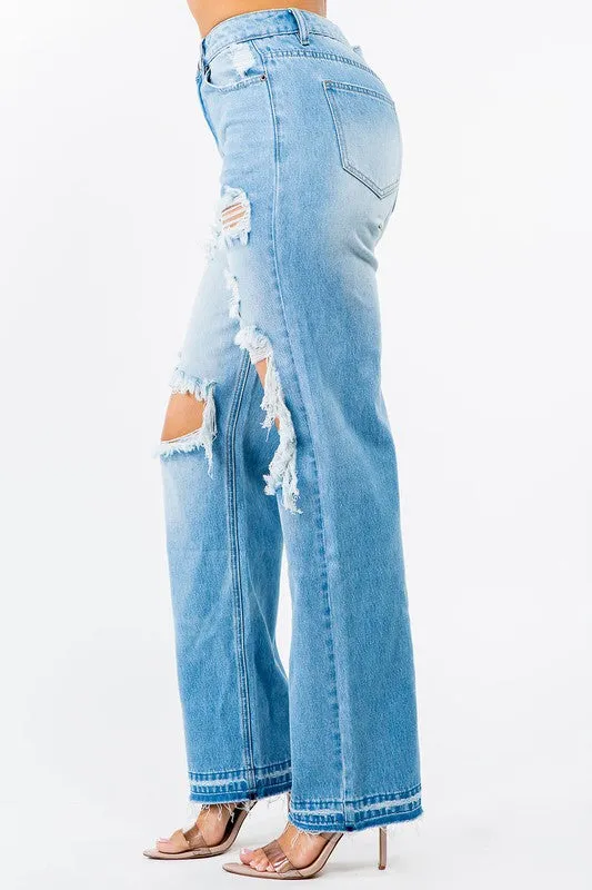 HIGH WAIST DISTRESSED WIDE LEG JEANS