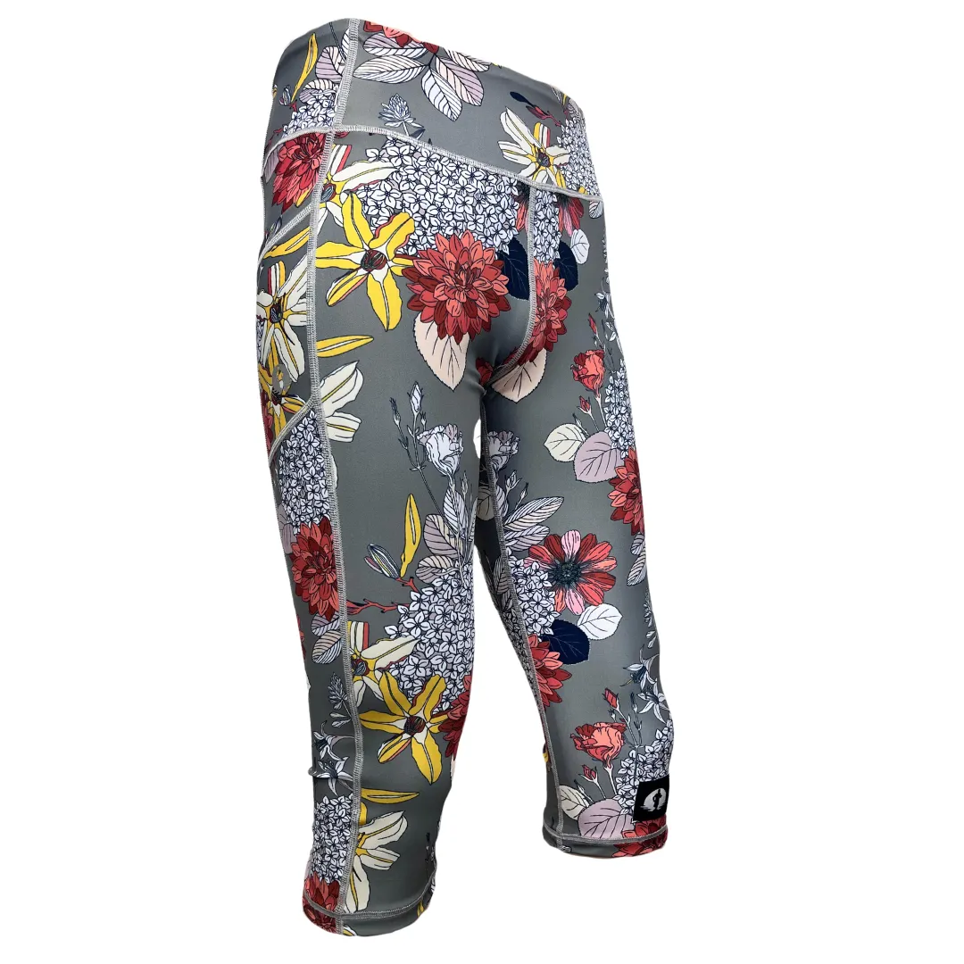 High Waist Funky 3/4 Leggings - Grey Floral Charms