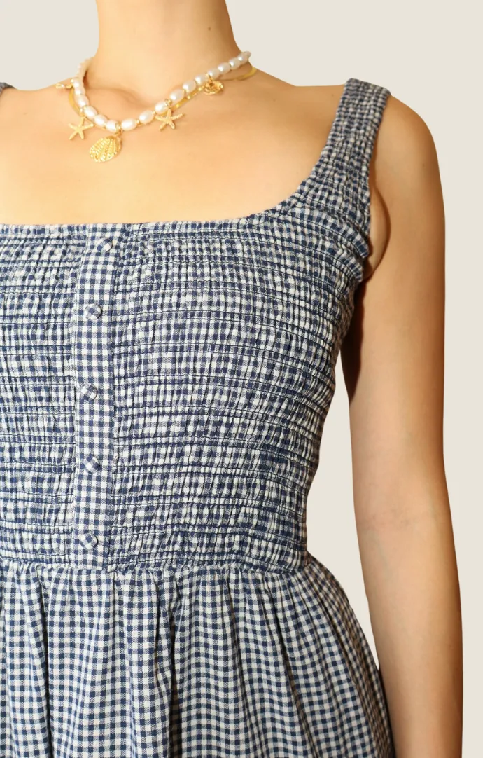 Isa Navy Gingham Midi Dress