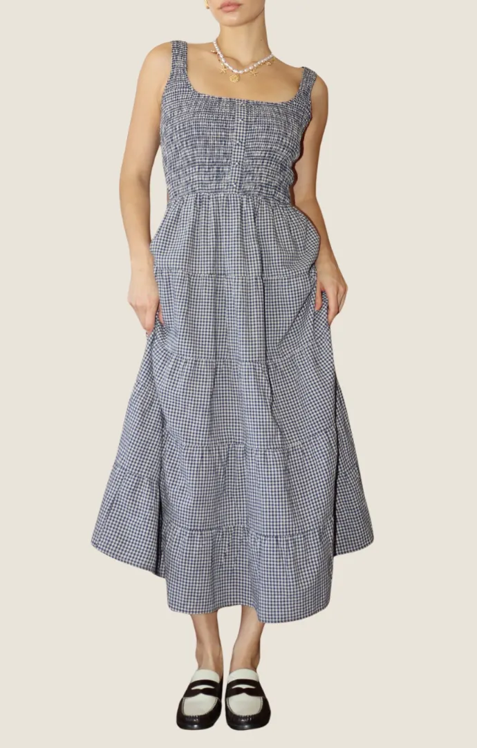 Isa Navy Gingham Midi Dress