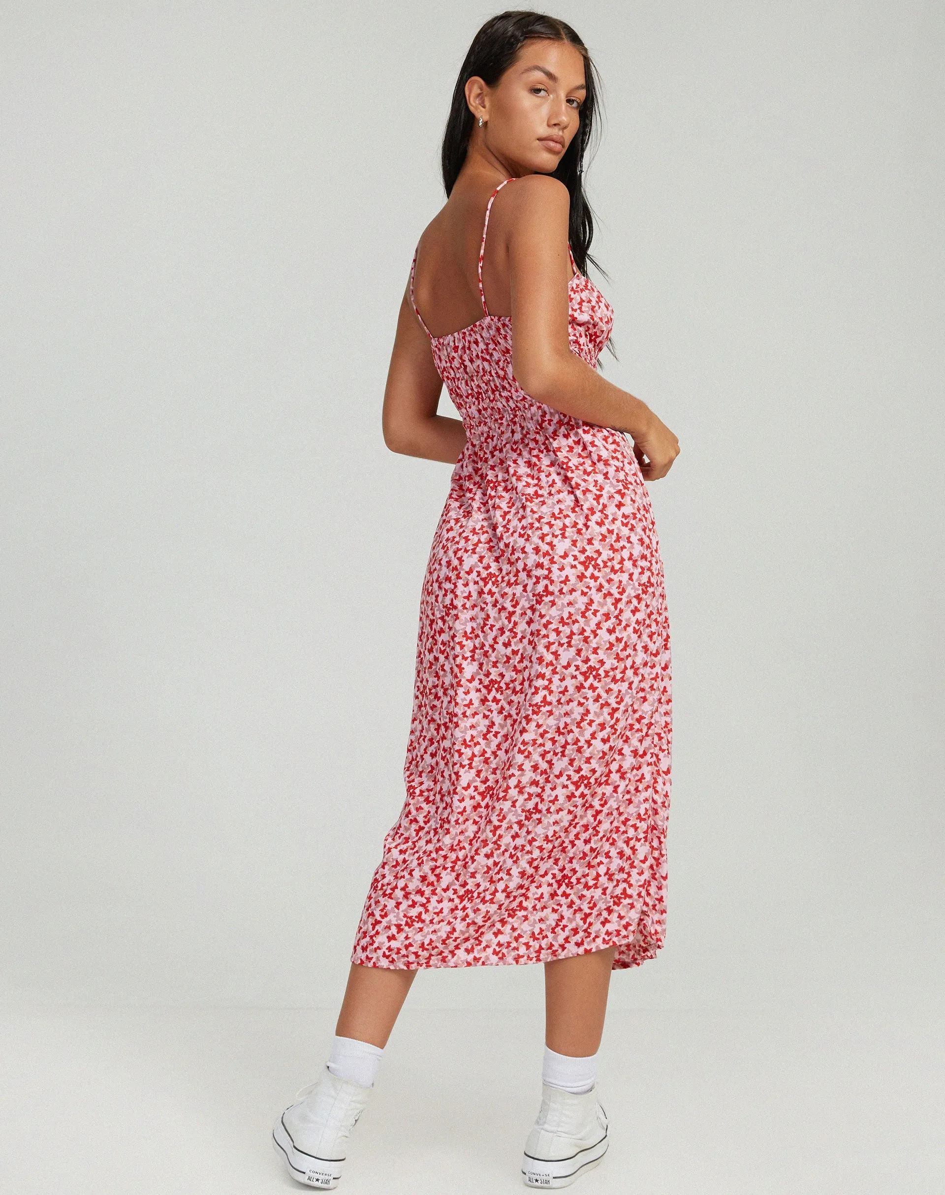 Jeyro Midi Dress in Ditsy Butterfly Peach and Red