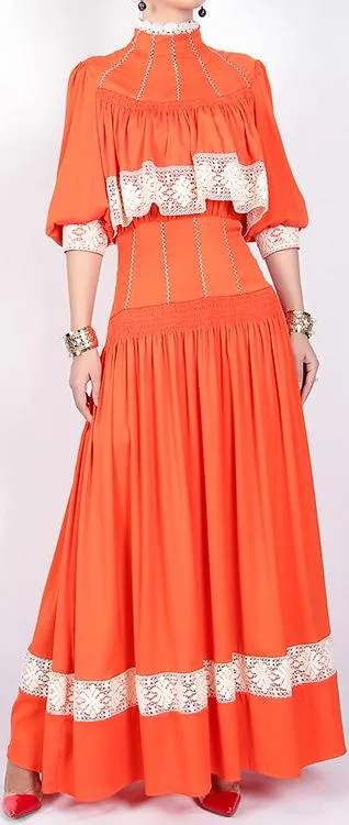 Lace-Panelled High-Neck Maxi Dress, Orange