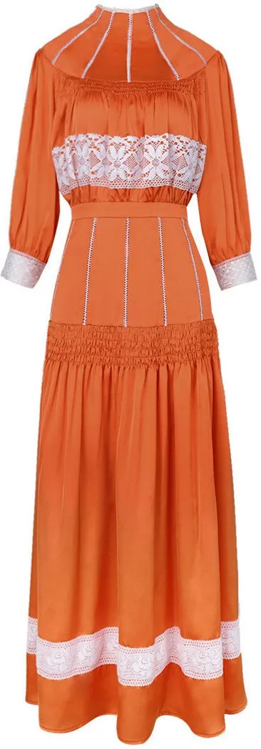 Lace-Panelled High-Neck Maxi Dress, Orange