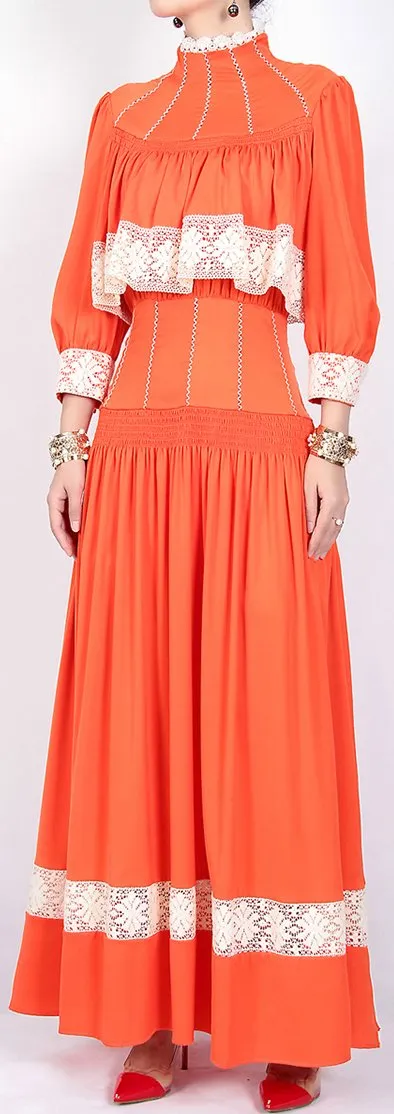 Lace-Panelled High-Neck Maxi Dress, Orange