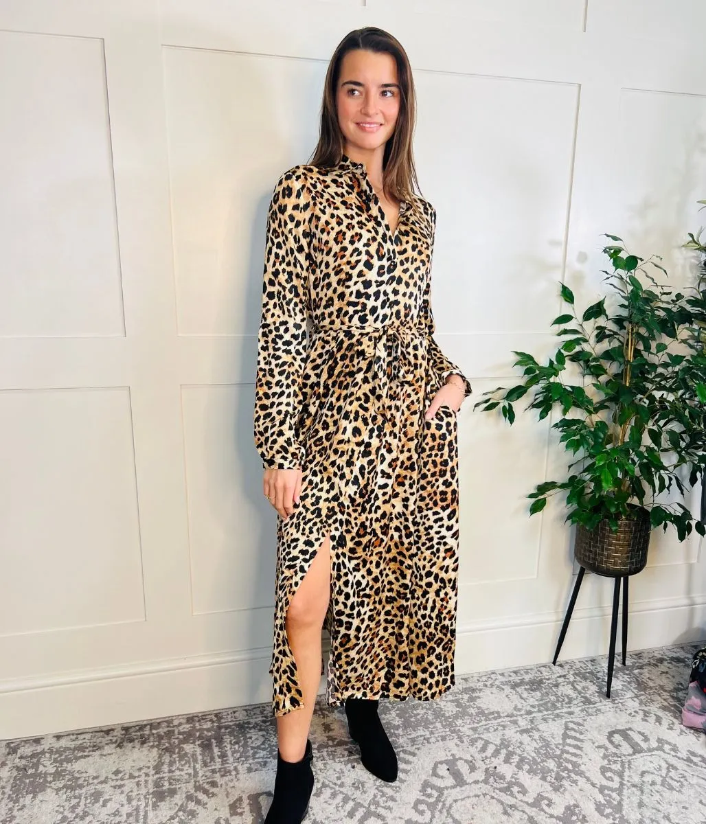 Lola Leopard Print Satin Shirt Dress