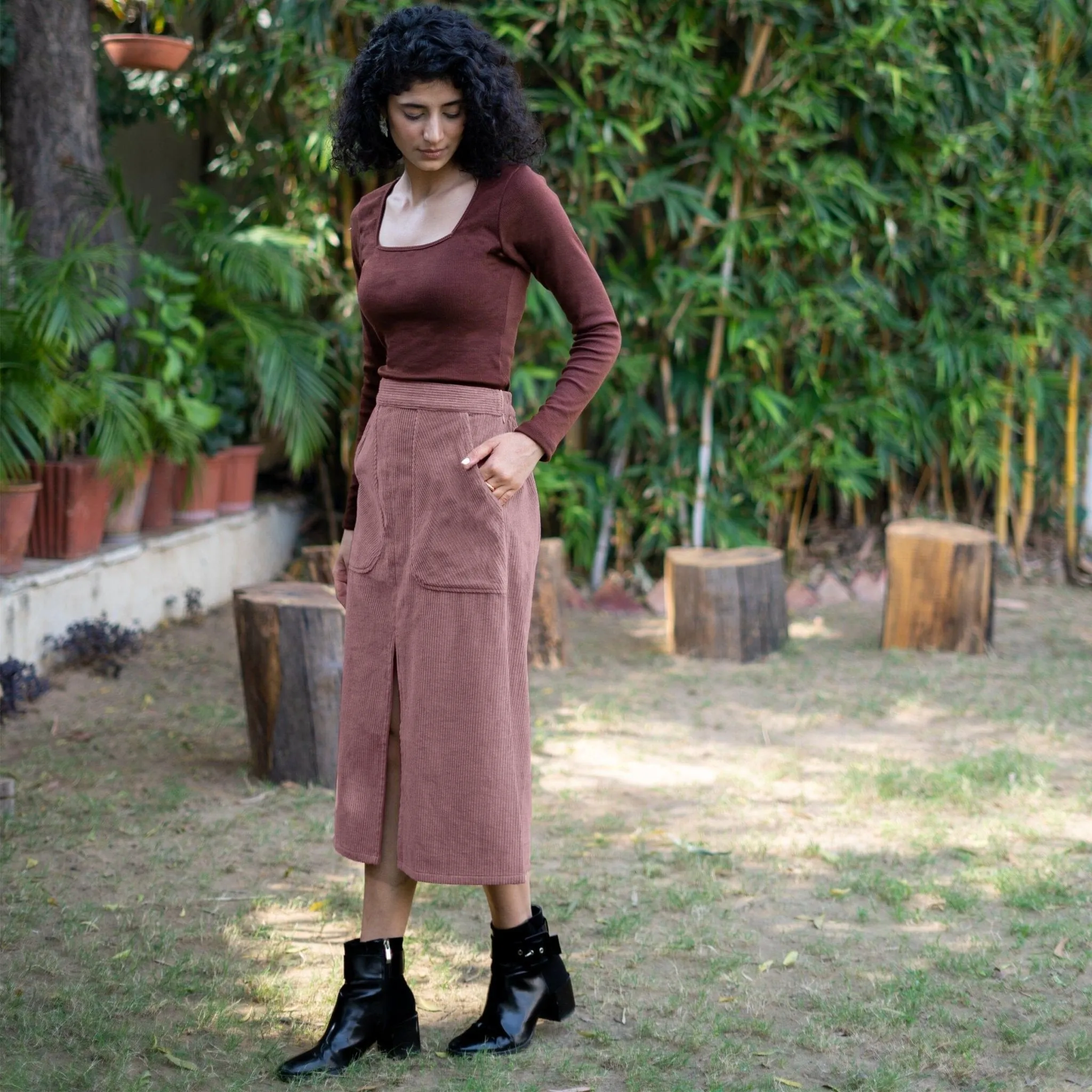 Mauve Warm Cotton Corduroy High-Rise A-Line Midi Slit Skirt