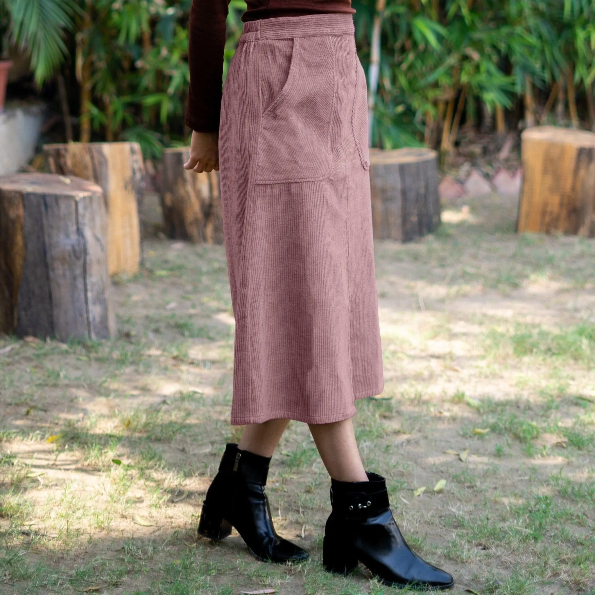 Mauve Warm Cotton Corduroy High-Rise A-Line Midi Slit Skirt