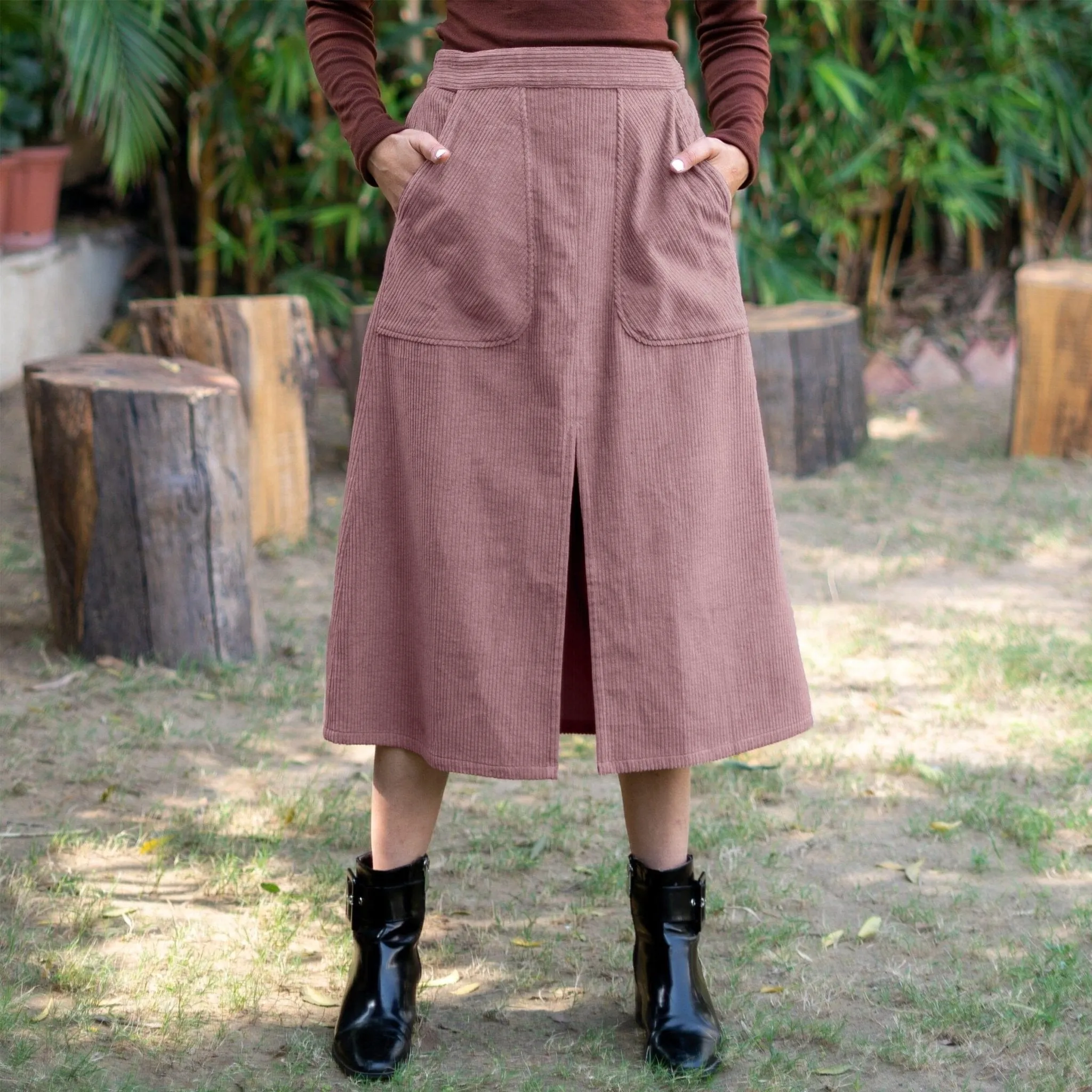 Mauve Warm Cotton Corduroy High-Rise A-Line Midi Slit Skirt