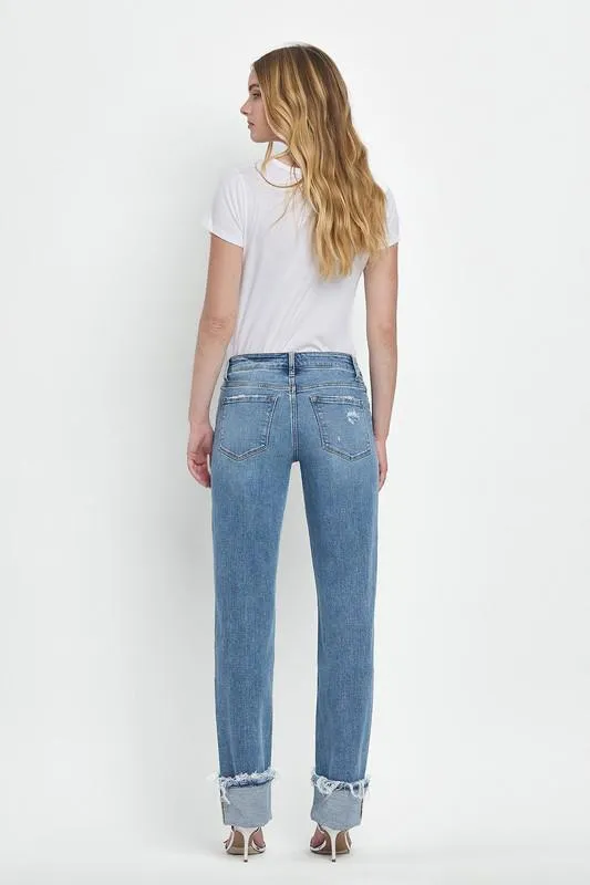 Mid Rise Cuffed Straight Leg Jean