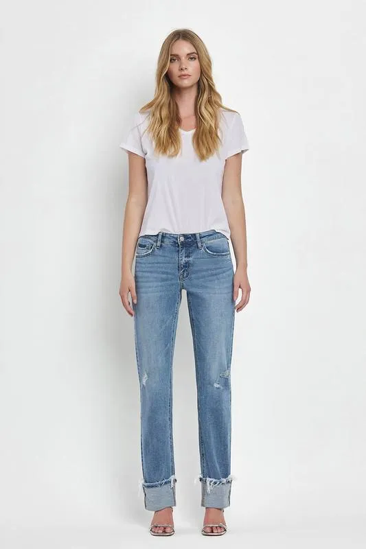 Mid Rise Cuffed Straight Leg Jean